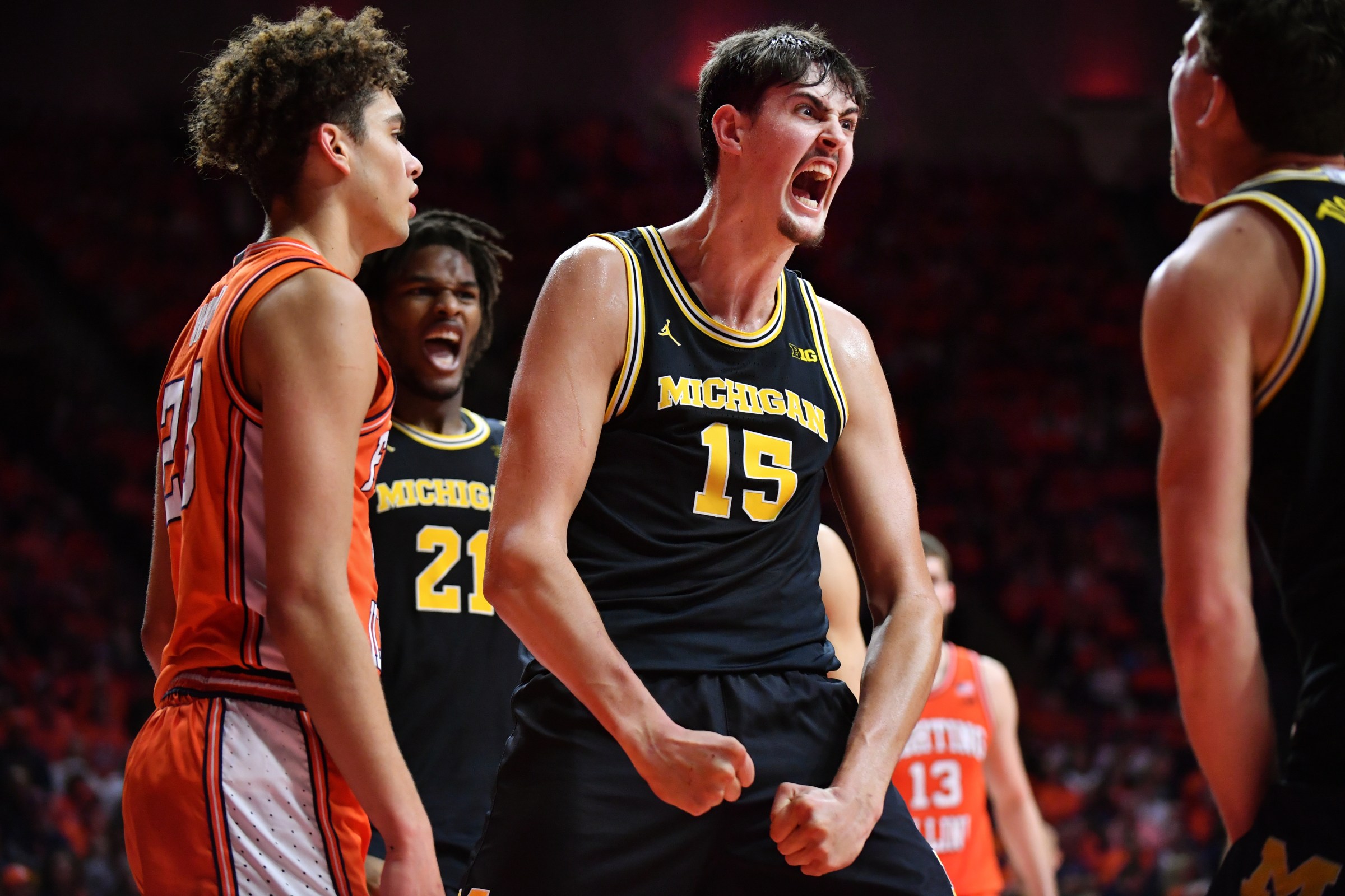 Feb 27, 2026; Champaign, Illinois, USA; Michigan Wolverines center Aday Mara (15) reacts after scoring during the second half against the Illinois Fighting Illini at State Farm Center. Mandatory Credit: Ron Johnson-Imagn Images