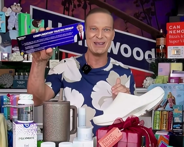 Man showcasing items from the jaw-dropping 346K Oscars gift bag for nominees, including shoes and wellness products.