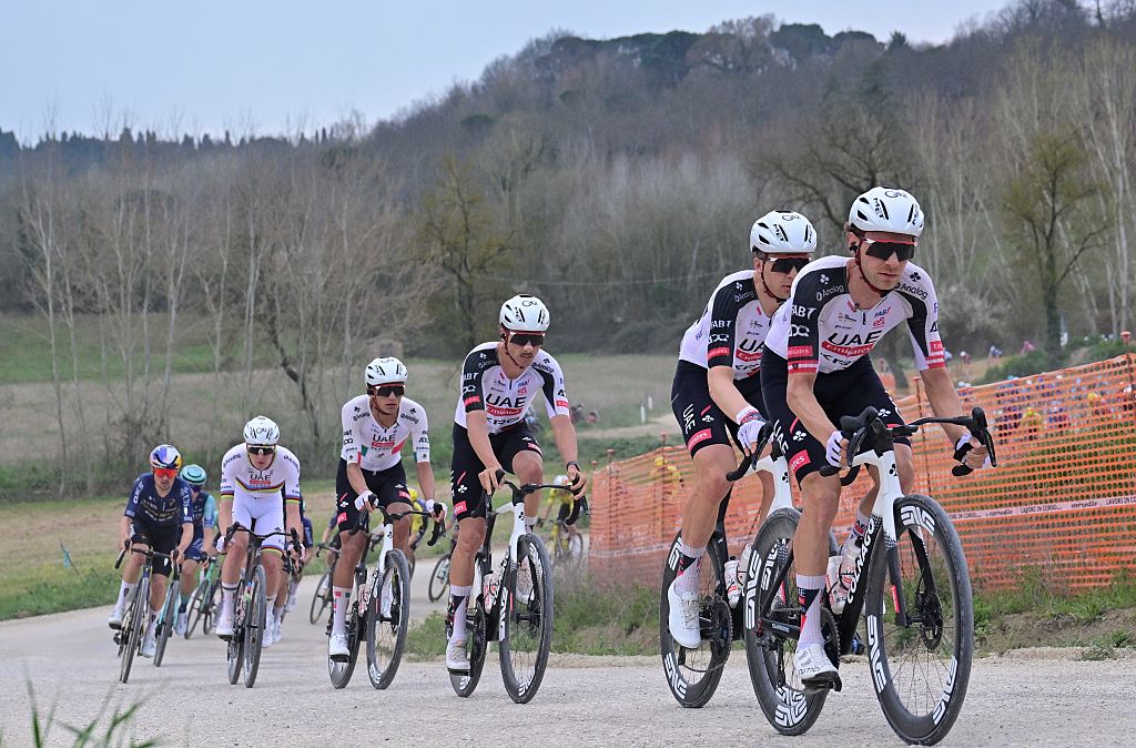UAE Team Emirates-XRG riders pictured in action during the men elite 'Strade Bianche' one day cycling race, 203km from and to Siena, Italy on Saturday 07 March 2026. BELGA PHOTO DIRK WAEM (Photo by DIRK WAEM / BELGA MAG / Belga via AFP)