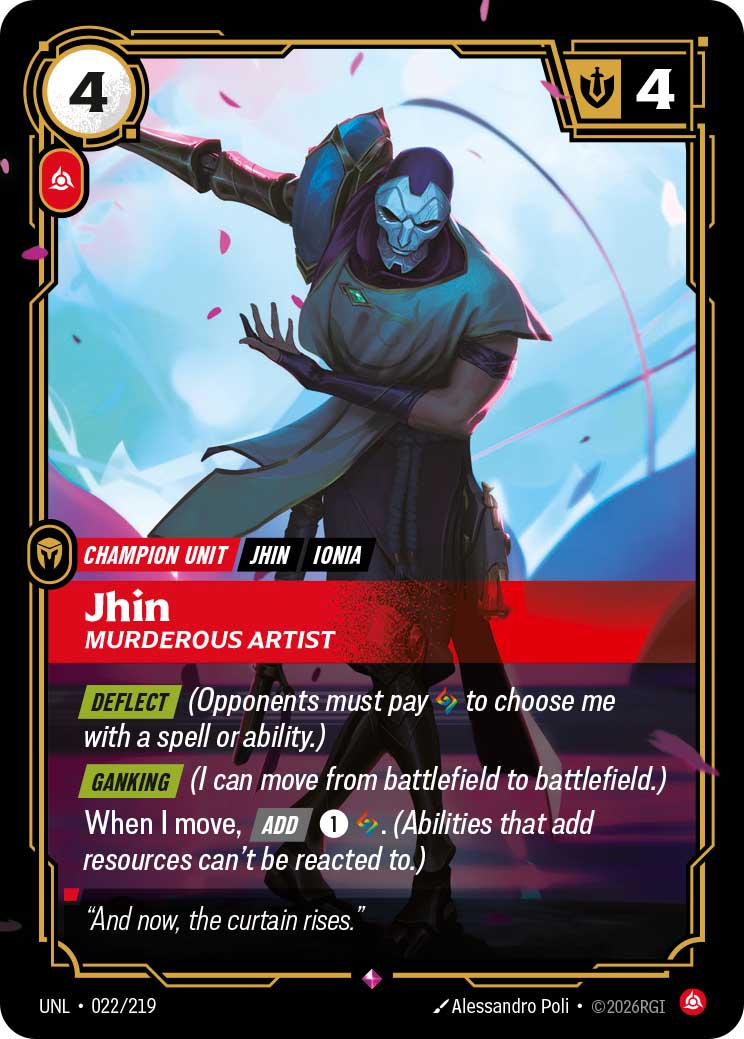 Riftbound Jhin card showing the character bowing against a blue background