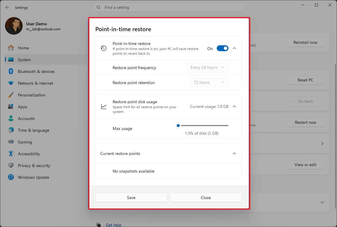 Point-in-time restore settings modern design