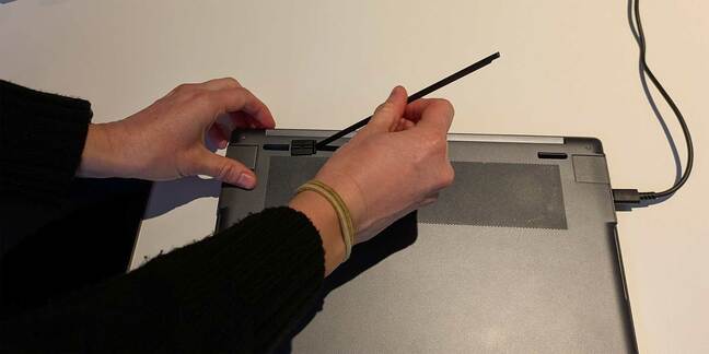 The ThinkBook's monitor stand attaches to the bottom like a foot The ThinkBook's monitor stand attaches to the bottom like a foot