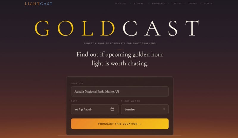 A website called Lightcast displays "GOLDCAST" with the tagline "Sunset & Sunrise Forecasts for Photographers." A form lets users select a location, date, and sunrise/sunset to forecast golden hour conditions.