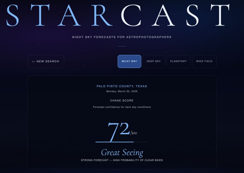 A night sky forecast interface for astro photographers shows a “Milky Way” forecast for Palo Pinto County, Texas, on March 30, 2026, with a chase score of 72/100 and a rating of “Great Seeing.”.