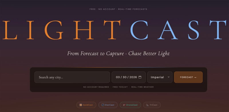 Screenshot of the LIGHTCAST website homepage, featuring a dark gradient background, a large "LIGHTCAST" title, a search bar for city and date, and orange "Forecast" button for real-time light forecasts.