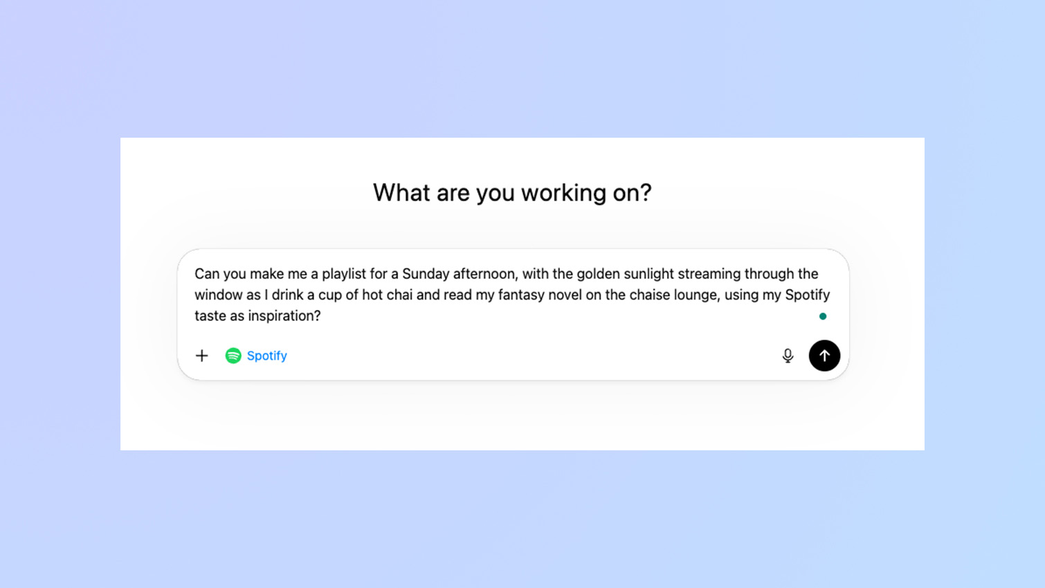 Screenshot from ChatGPT displaying a prompt for creating a Spotify playlist