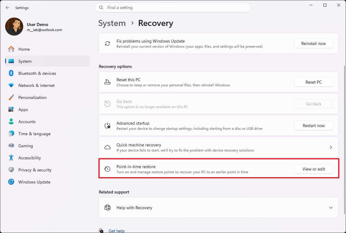Point-in-time restore setting