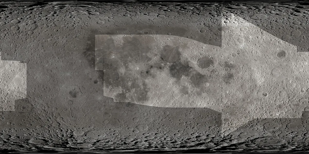 A map of the Moon showing the sunlit parts of the lunar surface that the Apollo astronauts could see from orbit. The darkened parts of the map were either never in sunlight or were beyond the horizon of the spacecraft. Mare Orientale is visible in the left section of the image, within a large, darkened gap. Credit: NASA