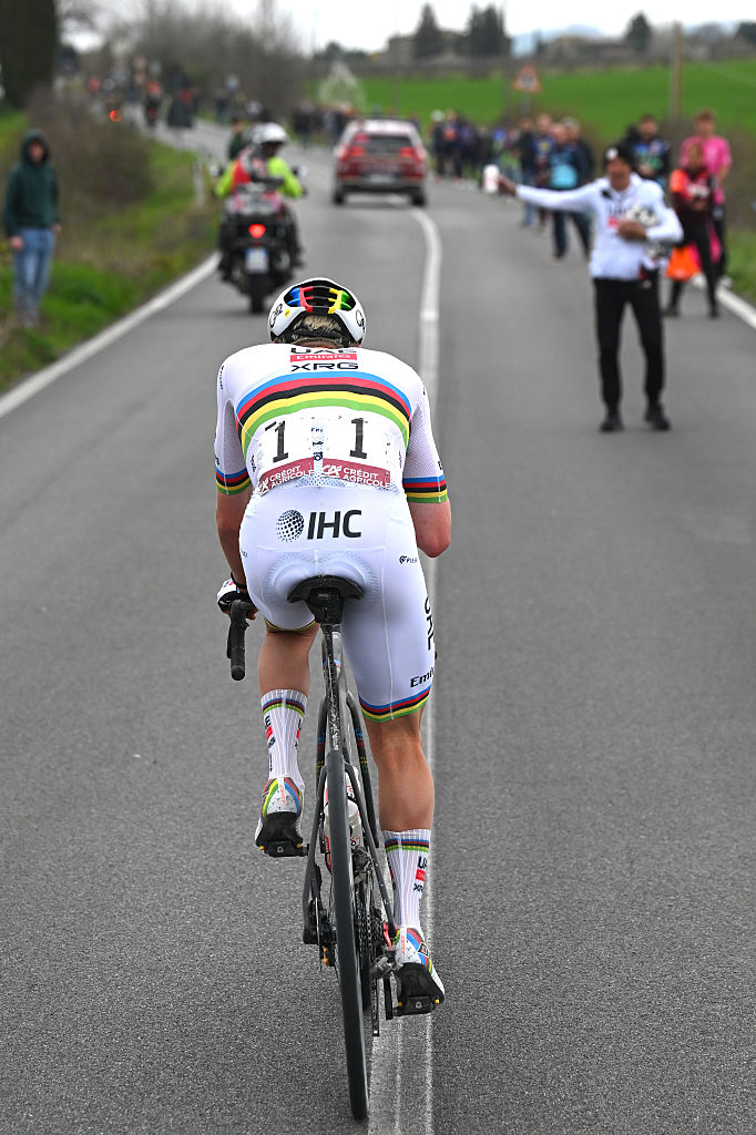 SIENA, ITALY - MARCH 07: Tadej Pogacar of Slovenia and UAE Team Emirates - XRG competes in the breakaway during the 20th Strade Bianche 2026 a 203km one day race from Siena to Siena / #UCIWT / on March 07, 2026 in Siena, Italy. (Photo by Tim de Waele/Getty Images)