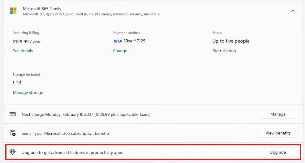 Microsoft 365 upgrade option in Accounts