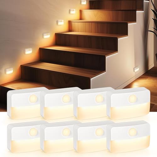 Guankai 8 Pack Motion Sensor Stair Light for Indoor, Battery Operated Closet Lights, Wireless Stick on Anywhere Hallway Lamp, Portable Led Night Lamps for Bedroom Under Cabinet Kitchen