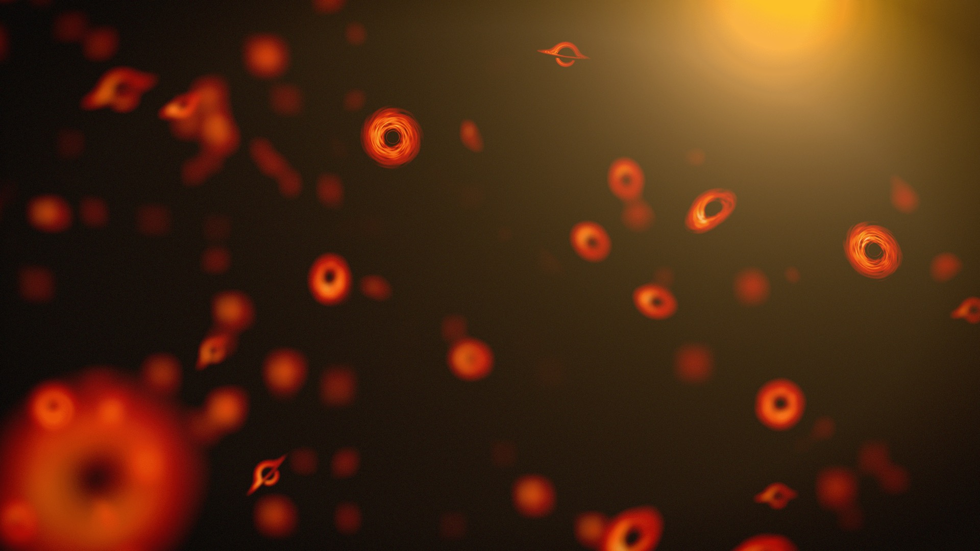 Artist's illustration of tiny primordial black holes shown in orange