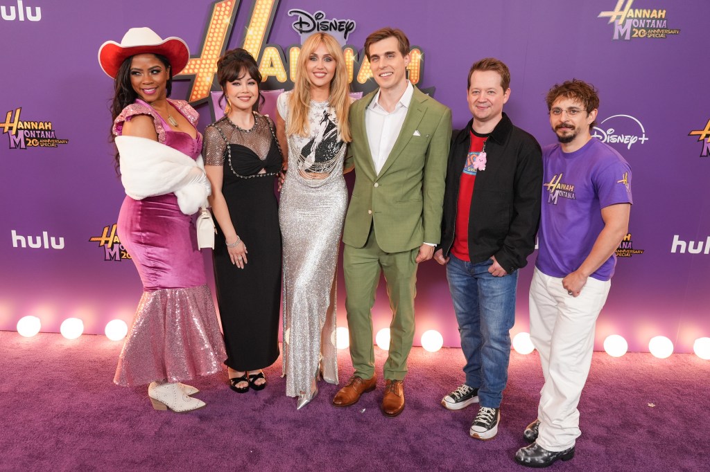 Shanica Knowles, Anna Maria Perez de Tagle, Miley Cyrus, Cody Linley, Jason Earles, and Moisés Arias attend the "Hannah Montana 20th Anniversary Special" premiere
