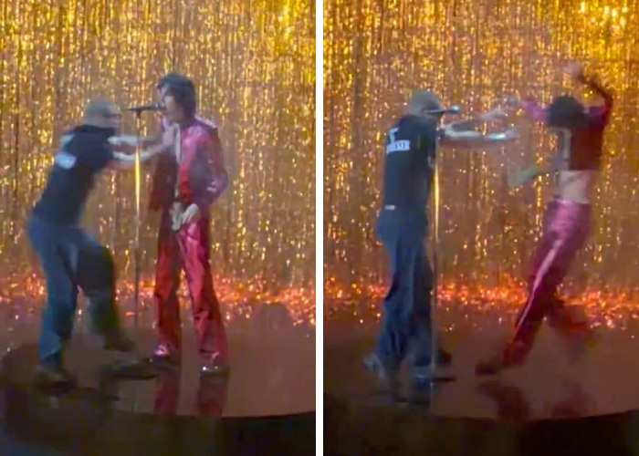 Security pushing singer off stage during chaotic moment at Brit Awards performance captured in viral video.