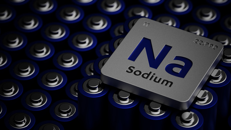 Top view of he chemical symbol for Sodium on top of a number of batteries