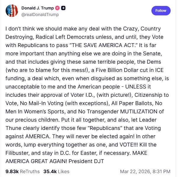 Donald Trump urged Republicans to not back down on DHS funding talks in a pair of Truth Social posts on Sunday and Monday