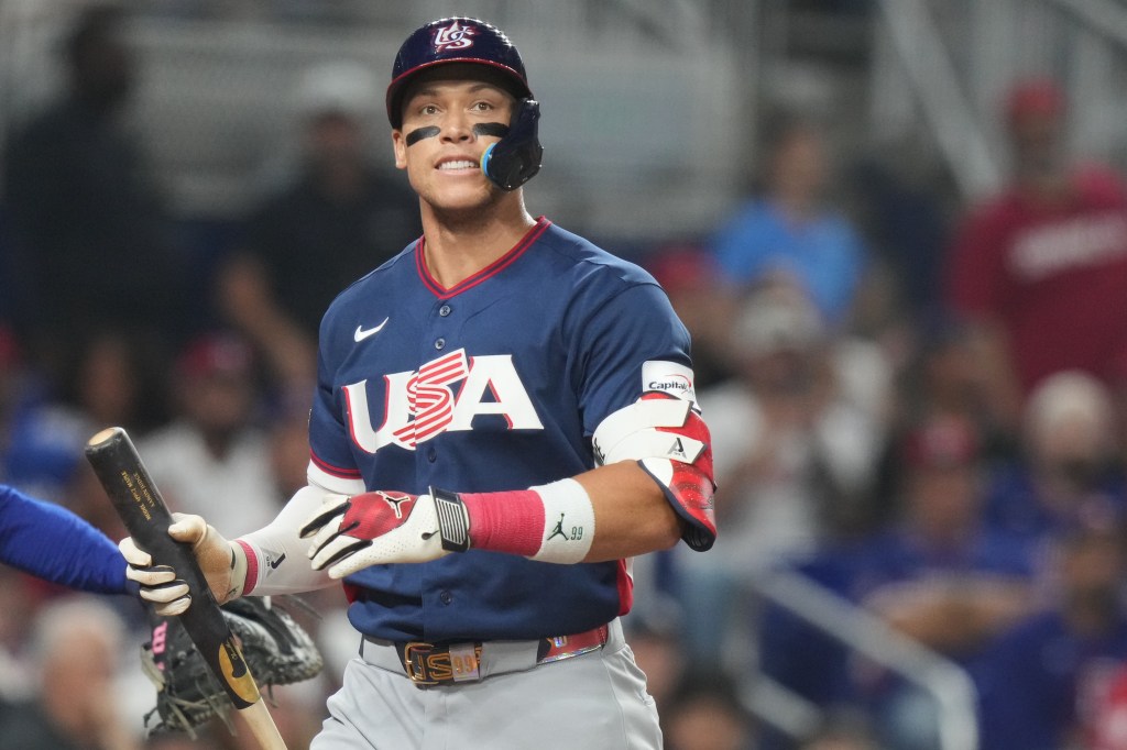 Aaron Judge reacting after striking out during a World Baseball Classic semifinal game.