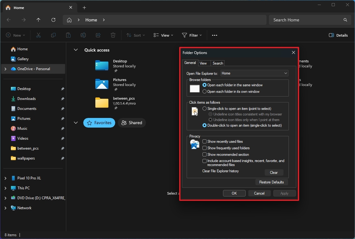 File Explorer Folder Options dark mode