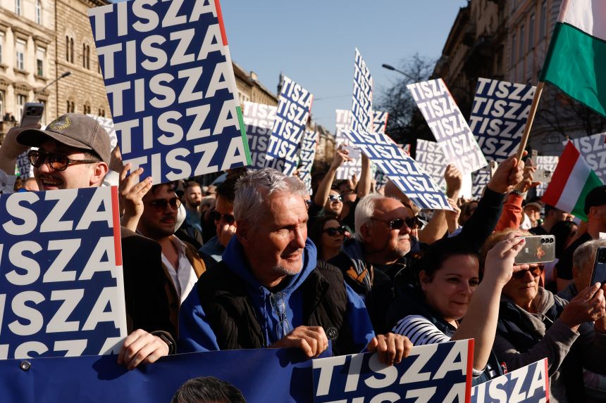 Supporters of Péter Magyar's Tisza party hold a rally in Budapest last month ahead of Sunday's vote.