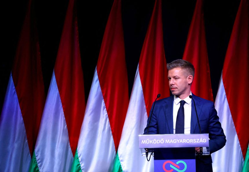 Magyar, pictured at a campaign event in Budapest in February, appeared to criticize Vance's visit.