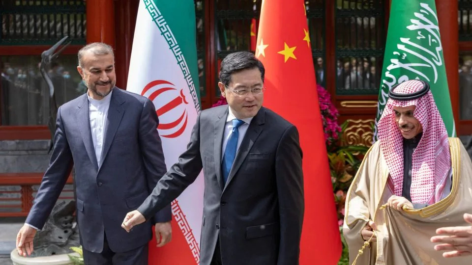Foreign ministers from Iran, China and Saudi Arabia meet in Beijing in April 2023 after Tehran and Riyadh agreed to restore diplomatic ties in a Beijing-mediated deal. - Saudi Press Agency/Reuters