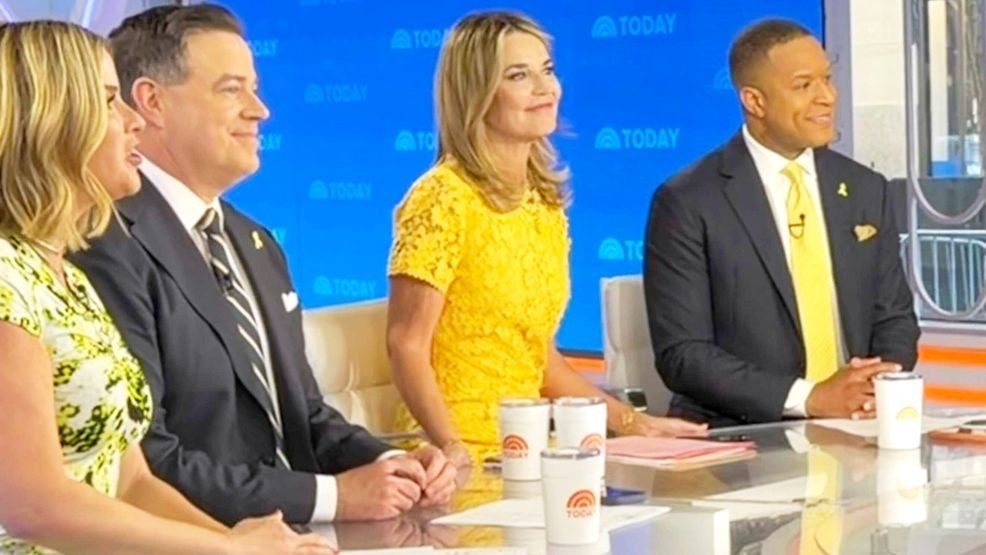 This image released by NBC shows co-host Savannah Guthrie, center, with colleagues, from left, Jenna Bush Hager, Carson Daly, and Craig Melvin during the "Today" show in New York on Monday, April 6, 2026. (NBC/Today via AP)