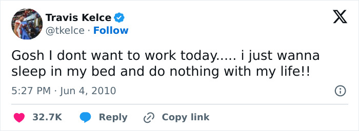 Travis Kelce's 16-year-old tweet about not wanting to work, with NASA's popular reply sparking online discussion