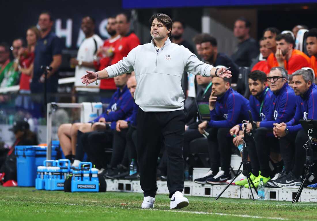U.S. head soccer coach Mauricio Pochettino reacts during his team's match against Portugal Tuesday night in Atlanta. The U.S. struggled against 5th-ranked Portugal in their 2-0 loss.