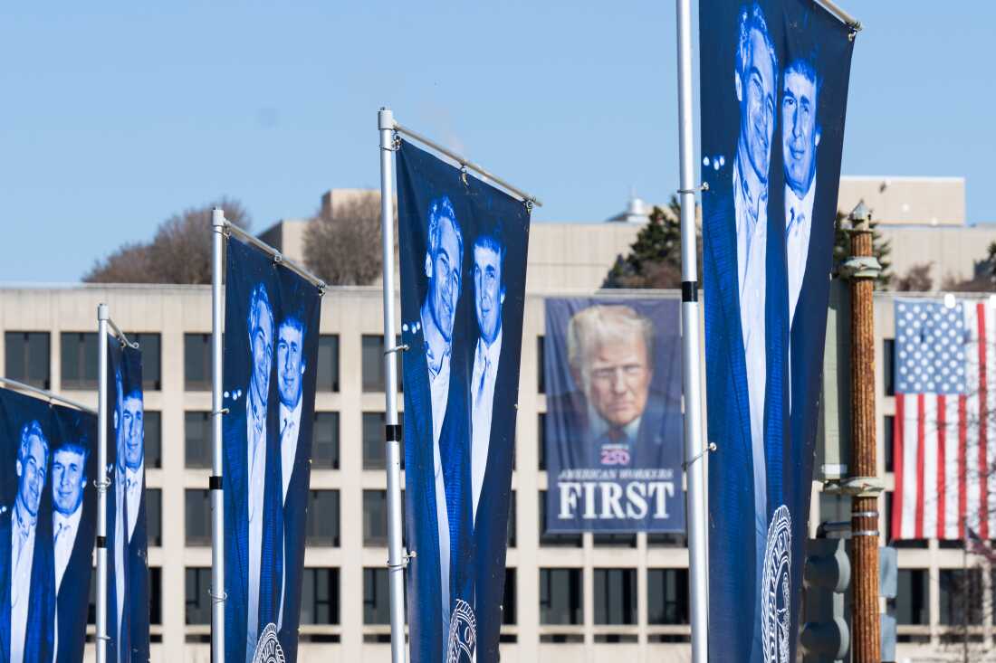 The anonymous group Secret Handshake erected a new golden Trump Epstein statue titled "King of the World" along with banners on the National Mall in Washington on March 10. The banners read Make America Safe Again featuring a photo of Donald Trump and Jeffrey Epstein. In the background hangs ithe Department of Labor's Trump banner.