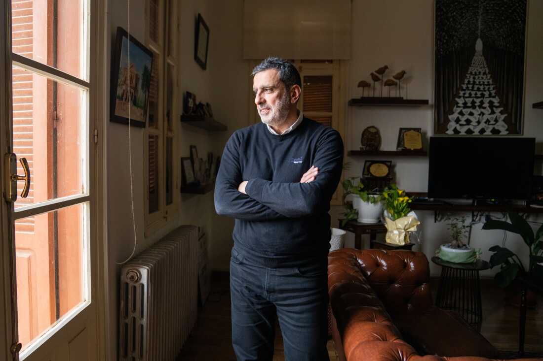 David El Helou, the mayor of Jezzine, stands in his office overlooking the town.