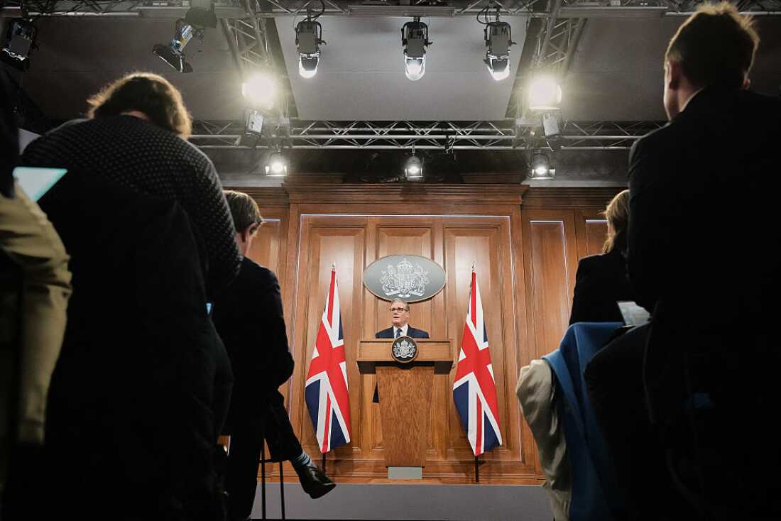 British Prime Minister Keir Starmer speaks during a press conference to update on the latest situation in the Middle East and how the government is supporting families at home at 10 Downing Street in London, on April 1, 2026.