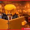 This screenshot from an Iranian AI-generated propaganda video shows a Lego version of President Trump standing next to a Lego version of Israeli Prime Minister Benjamin Netanyahu. A red devil-looking Lego figure stands in the background.