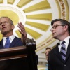 Senate Majority Leader John Thune, R-S.D., joined by Speaker of the House Mike Johnson, R-La., speaks to members of the media on Oct. 7, 2025. The GOP leaders said Wednesday they have found a path forward to end the shutdown at the Department of Homeland Security.