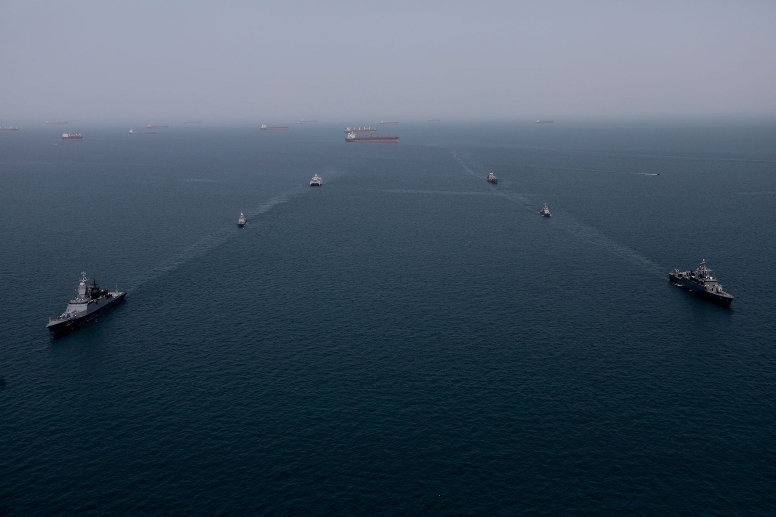 Naval units from Iran and Russia during joint naval drills held at the Port of Bandar Abbas near the Strait of Hormuz in Hormozgan, Iran, on Feb. 19, 2026.