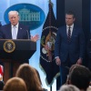 Standing behind a lectern bearing the presidential seal, President Trump speaks as Secretary of Defense Pete Hegseth and the chairman of the Joint Chiefs of Staff, Gen. Dan Caine, stand on the right side of the frame during a news conference at the White House on April 6.