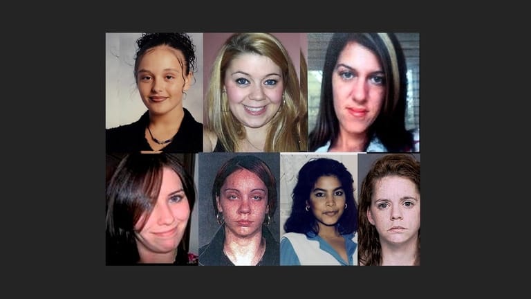 Clockwise top row:  Gilgo Beach victims Melissa Barthelemy, Megan Waterman,...