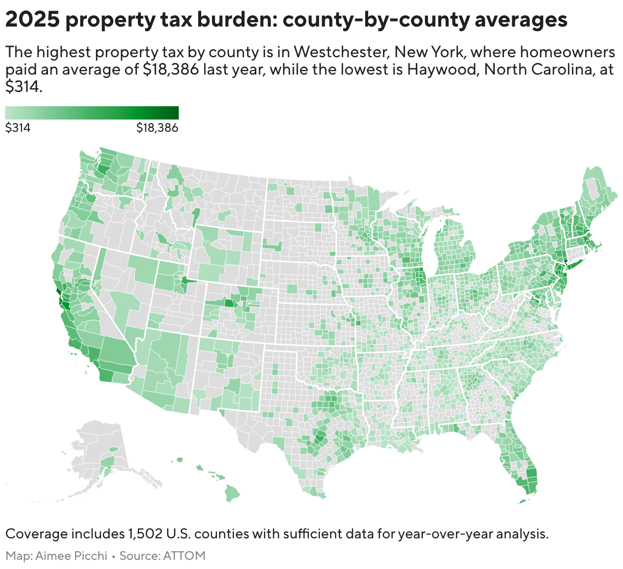 2025 property tax burden: county-by-county averages (Choropleth map)