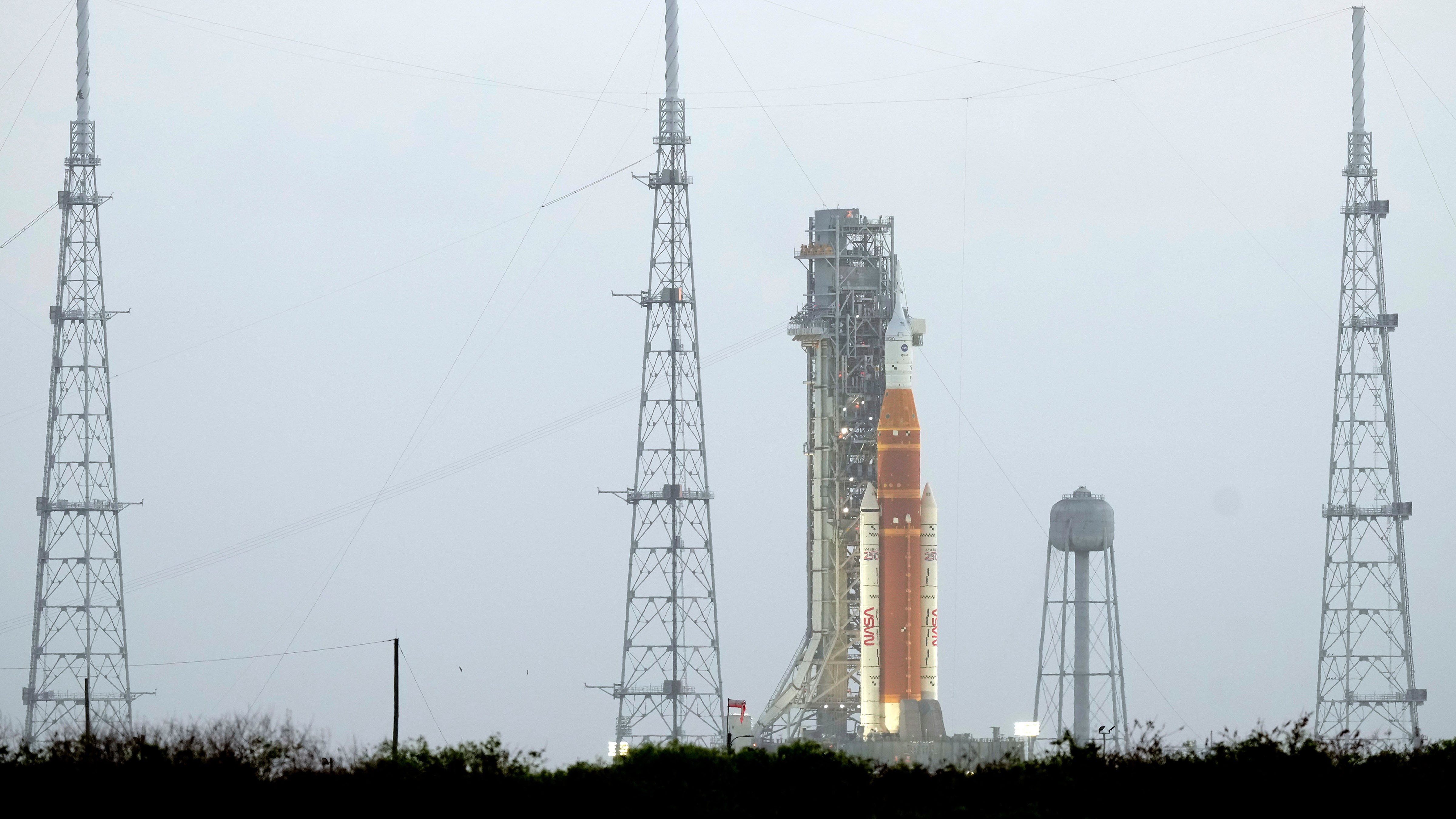 NASA's Artermis II moon rocket sits on Launch Pad 39-B at the Kennedy Space Center hours ahead of a planned launch attempt Wednesday, April 1, 2026, in Cape Canaveral, Fla.