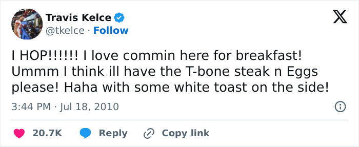 Screenshot of Travis Kelce’s 2010 tweet about breakfast, highlighting NASA’s popular reply to the 16-year-old tweet.