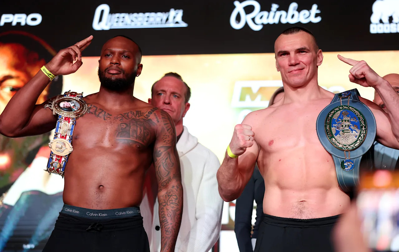 LONDON, ENGLAND - APRIL 03: Viddal Riley and Mateusz Masternak pose for a photo as they weigh in ahead of their EBU European Cruiser Weight fight during the Dereck Chisora v Deontay Wilder: 100 weigh-in at York Hall on April 03, 2026 in London, England. (Photo by Richard Pelham/Getty Images)