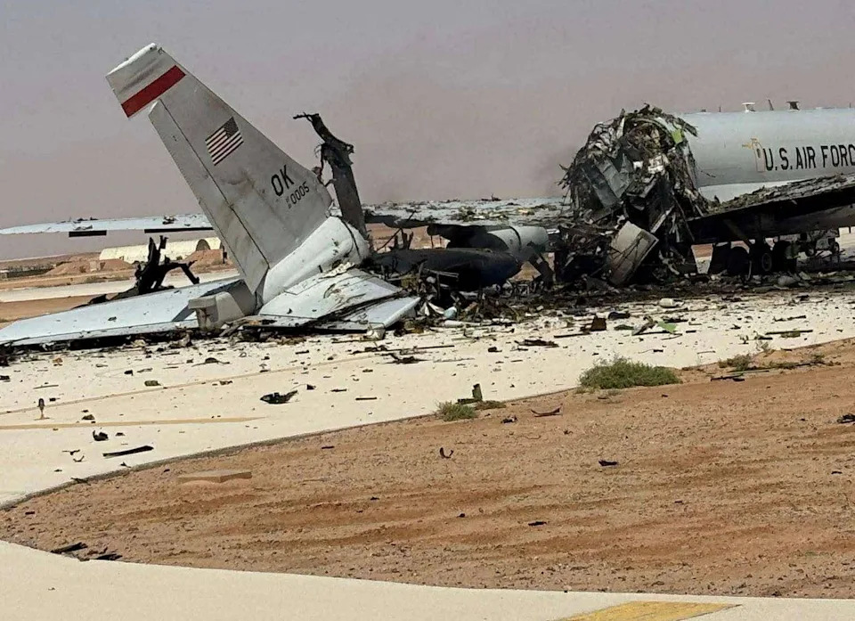 A damaged U.S. Boeing E-3 Sentry airborne warning and control aircraft sits on the ground following an Iranian strike on Prince Sultan Air Base in Saudi Arabia.