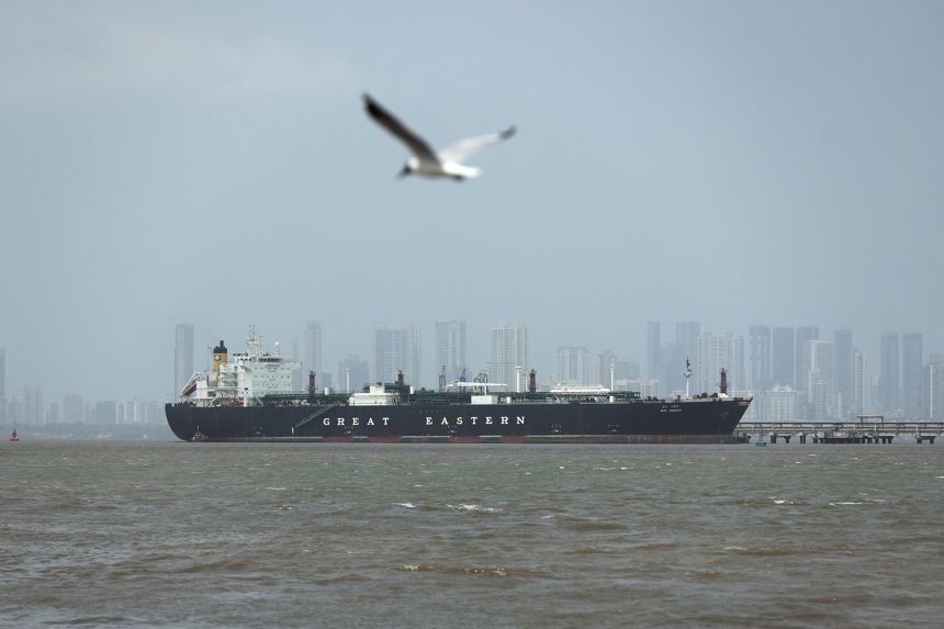 A bird flies near the Jag Vasant vessel transferring LPG at a port after transiting the Strait of Hormuz in Mumbai, India, on Wednesday.
