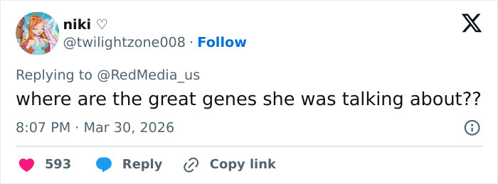 Tweet from user niki questioning where the great genes are, referencing Sydney Sweeney’s look in new Euphoria season.