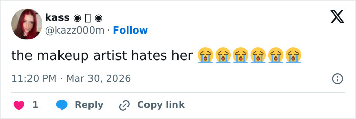 Tweet criticizing Sydney Sweeney's look in new Euphoria season with crying emojis and a comment on makeup.