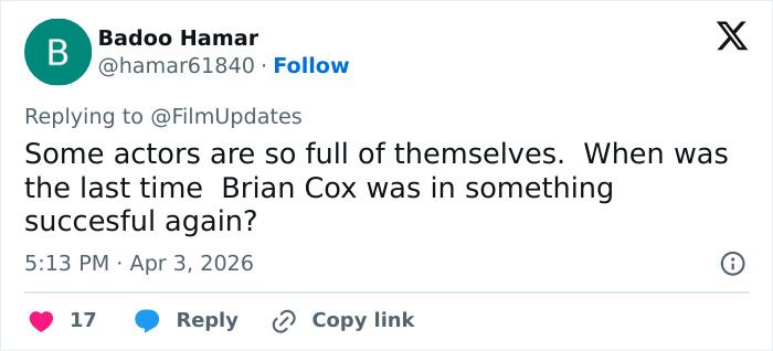 Screenshot of tweet criticizing Brian C*x amid backlash over his unhinged comments about Margot Robbie and Daniel Day-Lewis.
