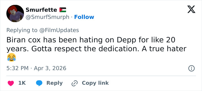 Tweet screenshot showing a user commenting on Brian C*x facing backlash after harsh remarks about Margot Robbie and others.