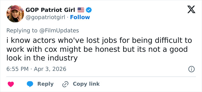 Twitter post criticizing Brian C*x for being difficult to work with, sparking backlash in the entertainment industry.