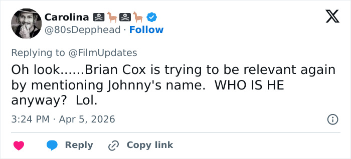 Screenshot of a tweet replying to FilmUpdates, referencing Brian C*x and a backlash over his comments on Margot Robbie and Daniel Day-Lewis.