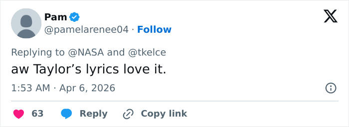 User comment on social media about NASA’s reply to Travis Kelce’s 16-year-old tweet, expressing love for Taylor's lyrics.